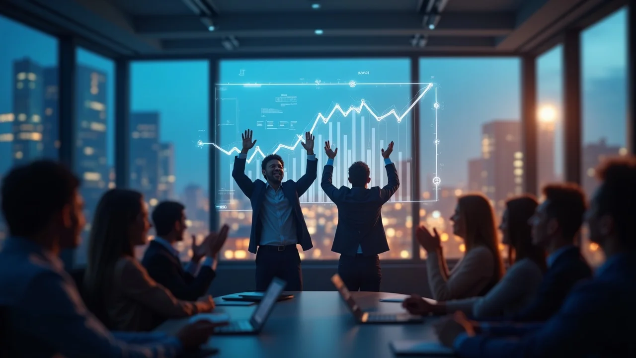 Celebrating business growth and success after a digital marketing audit in a modern business environment