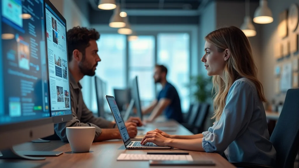 Digital marketing consulting expert using AI automation for content generation in a modern creative workspace for small business.