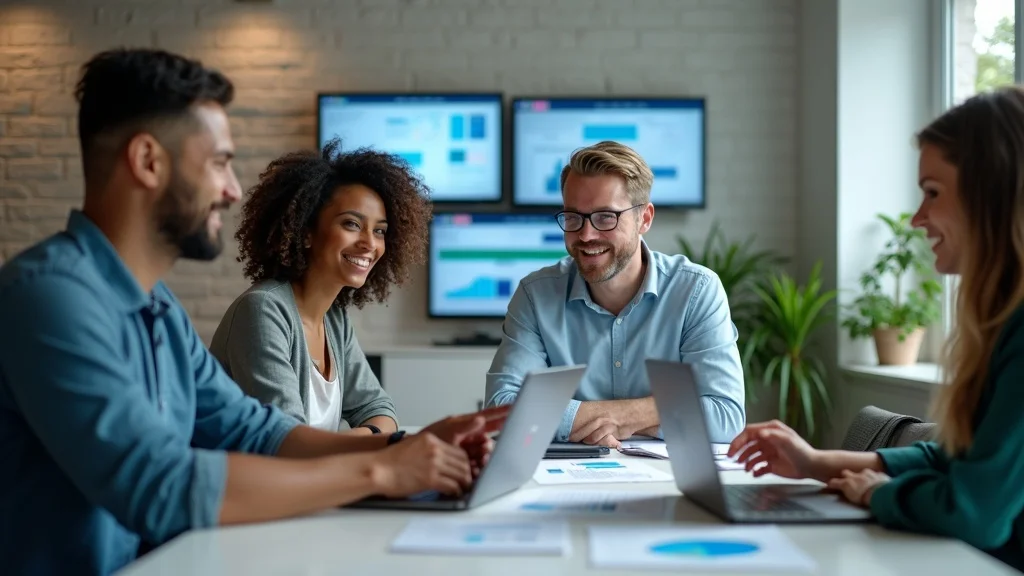 Digital marketing consulting session with small business owners collaborating on strategy in a modern office with Agent Hi5 Marketing.