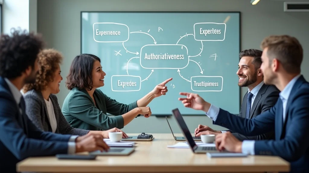 diverse multicultural digital marketing team collaborating on E.E.A.T. strategy in a modern conference room