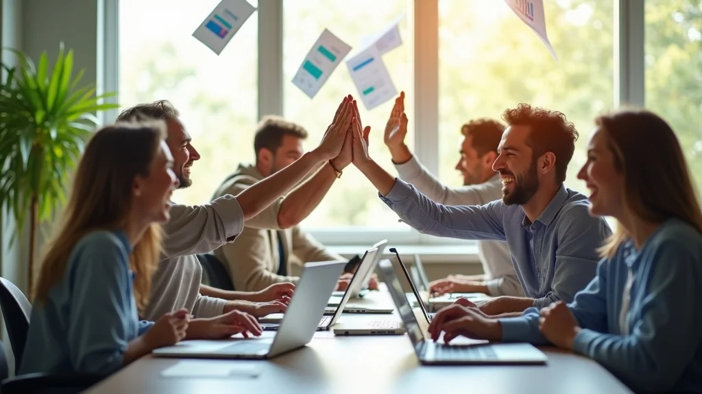 Small business team celebrating marketing growth after digital marketing consulting partnership with Agent Hi5 Marketing.