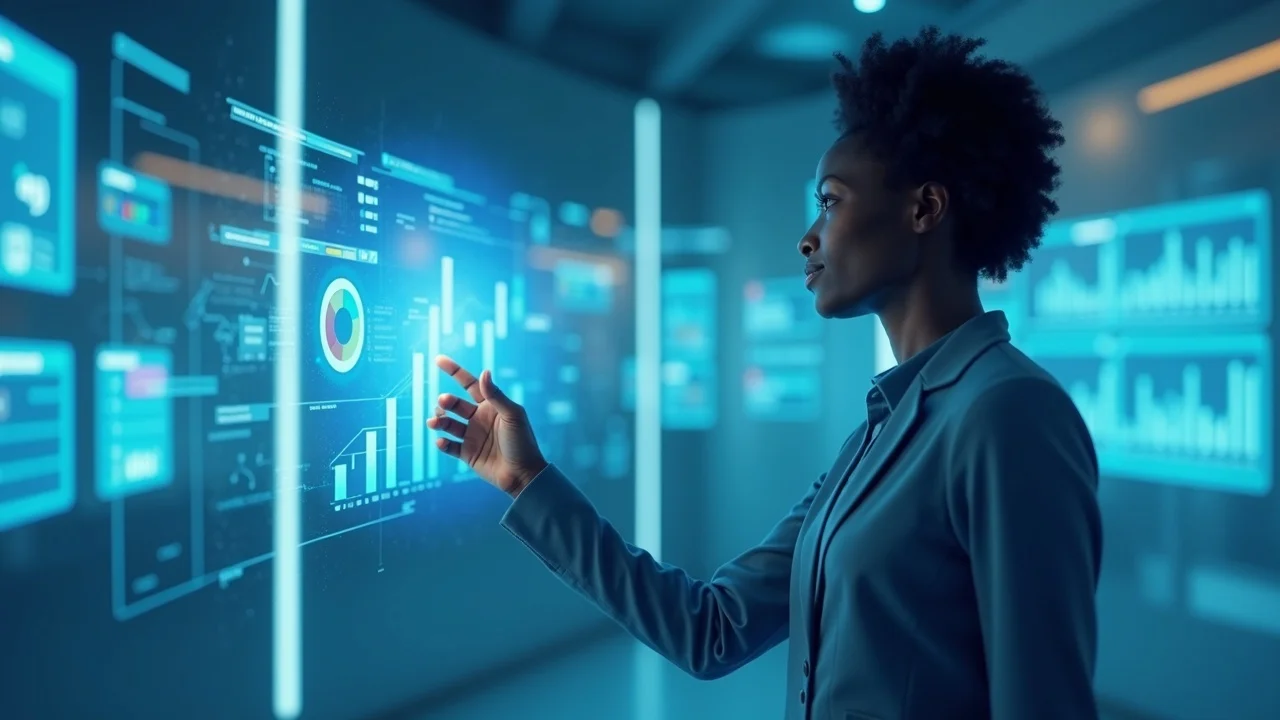 AI-powered search analytics dashboard for digital marketing audit in a futuristic meeting room setting