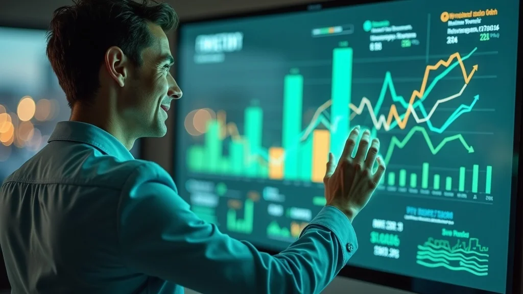 Digital marketing consulting expert evaluating marketing campaign ROI and analytics dashboard in a modern office for small business growth.