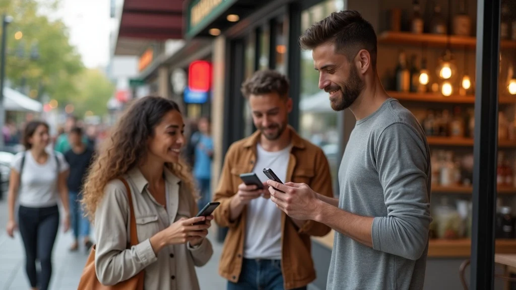 Modern local business storefront showing AI-powered local business marketing trends in 2025, with diverse customers engaging via smartphones and smart speakers.