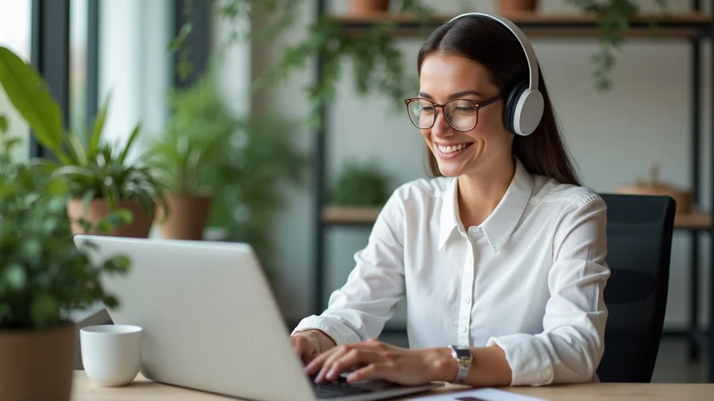 Friendly customer service manager practicing reputation management while responding to online reviews, showing authentic engagement and brand values.