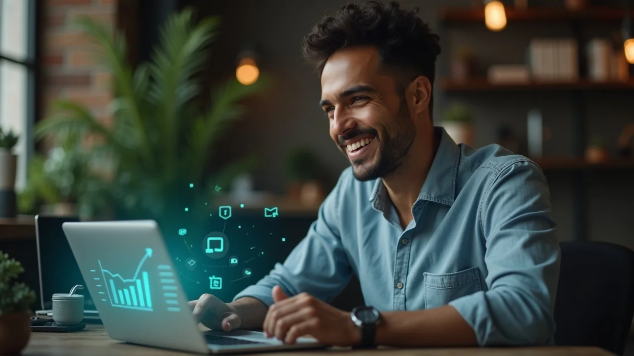 Small business owner reviews social media engagement growth with AI-driven marketing analytics