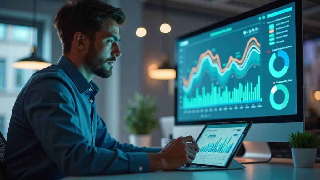 digital marketer analyzing ai-powered search visibility chart on modern tablet