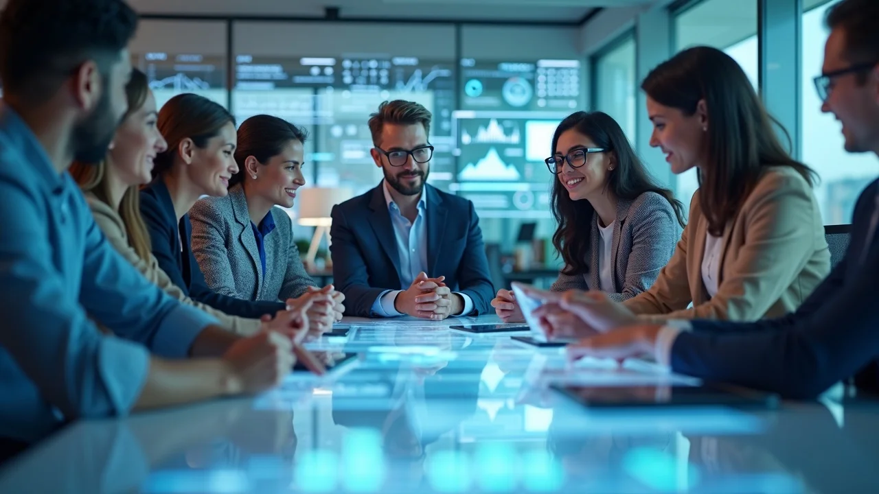 AI-driven marketing team collaborating on digital campaign using AI-generated content