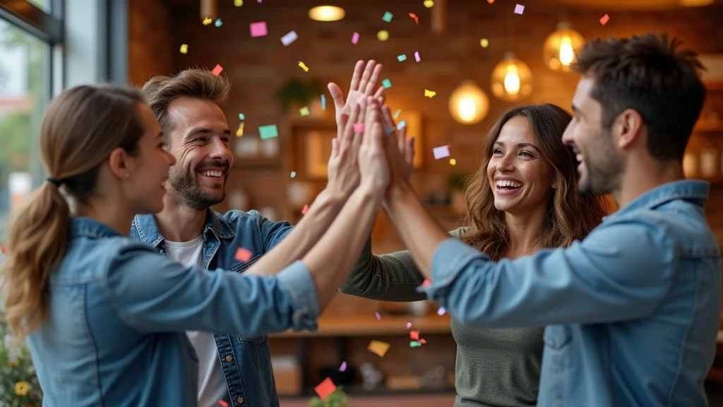 Victorious local business team celebrating online review and reputation management success together.