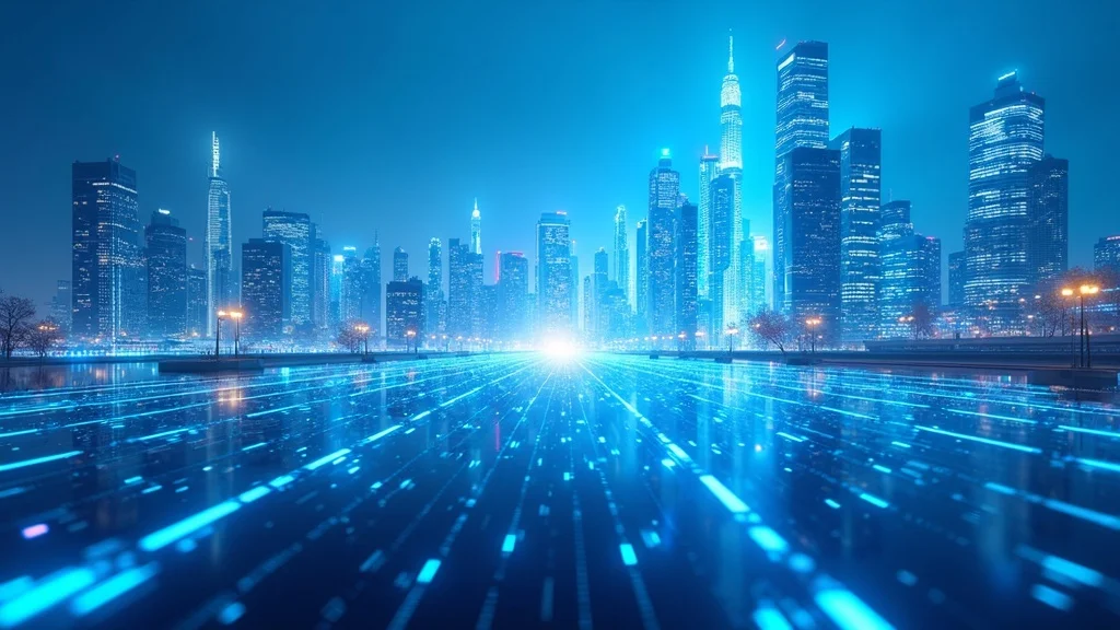 ai search visibility digital landscape with futuristic cityscape and glowing AI network nodes, digital connections flowing across city, modern architecture