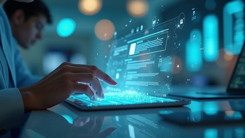 ai-powered search visibility shown on a futuristic tablet device with holographic search results