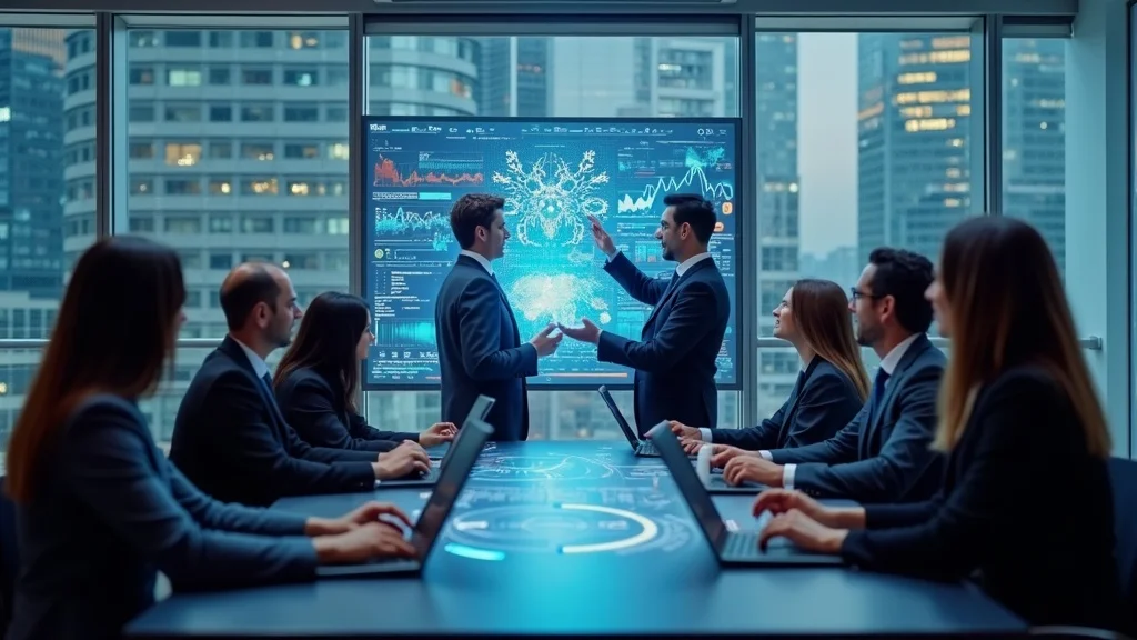 diverse business team discussing ai search visibility strategy using digital ai-powered charts