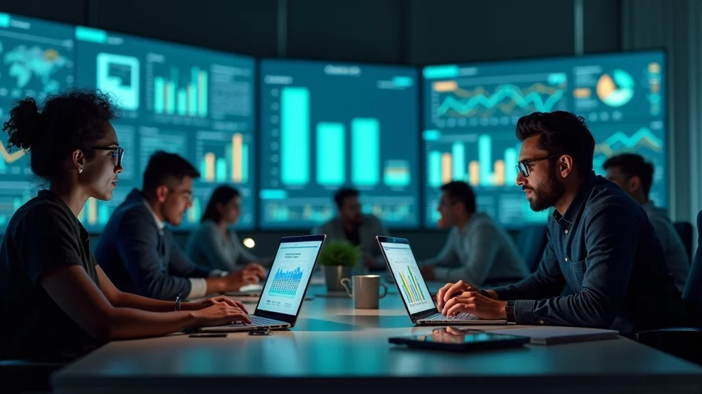 ai search visibility in modern workspace with diverse marketers using laptops and analytics dashboards