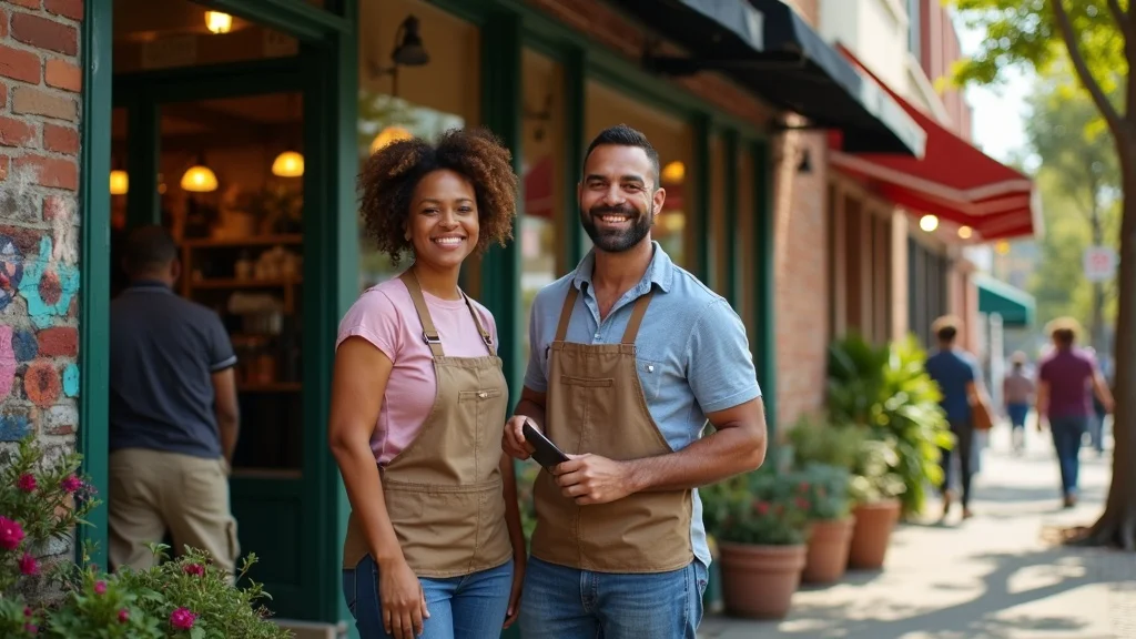 Inviting Oakland small business exterior — Proud, welcoming, smiling owners standing in front of their local shop on a vibrant Oakland street, representing local business marketing success
