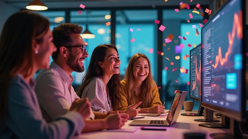 small business team celebrating growth from optimized social media content calendar and engagement analytics
