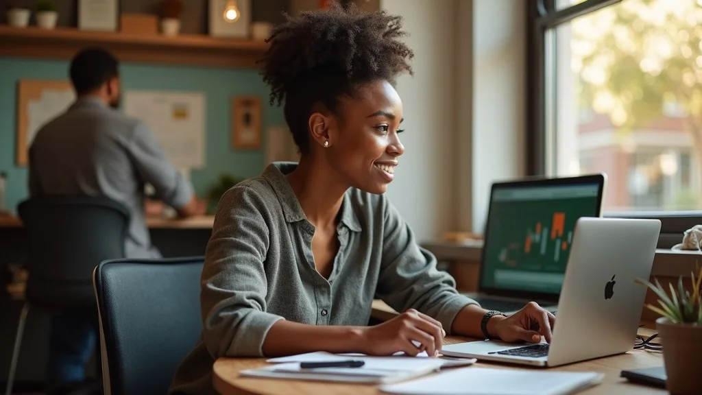 Determined Oakland minority business owner — Resilient entrepreneur at a desk with laptop, focusing on online marketing strategies to overcome economic pressures, highlighting Oakland small business challenges