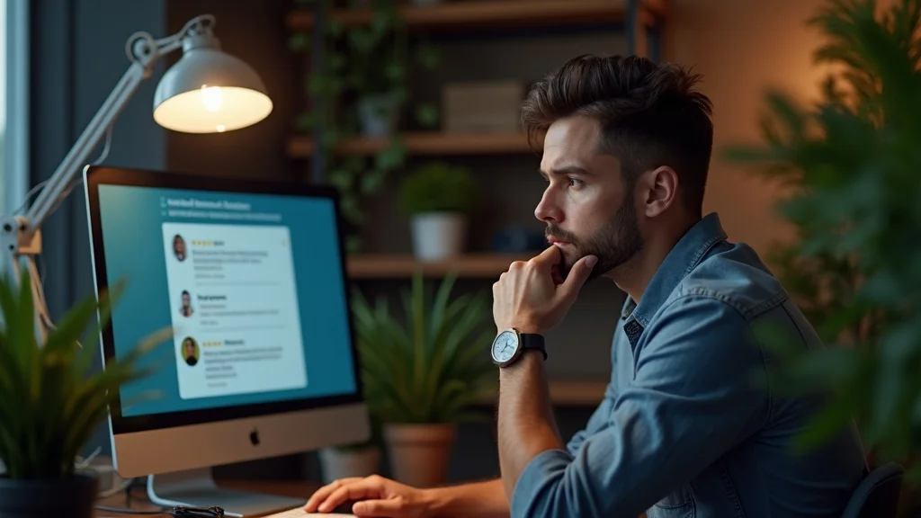 Focused small business owner reading online reviews on a desktop computer, highlighting the importance of online reputation management for local business marketing in Oakland
