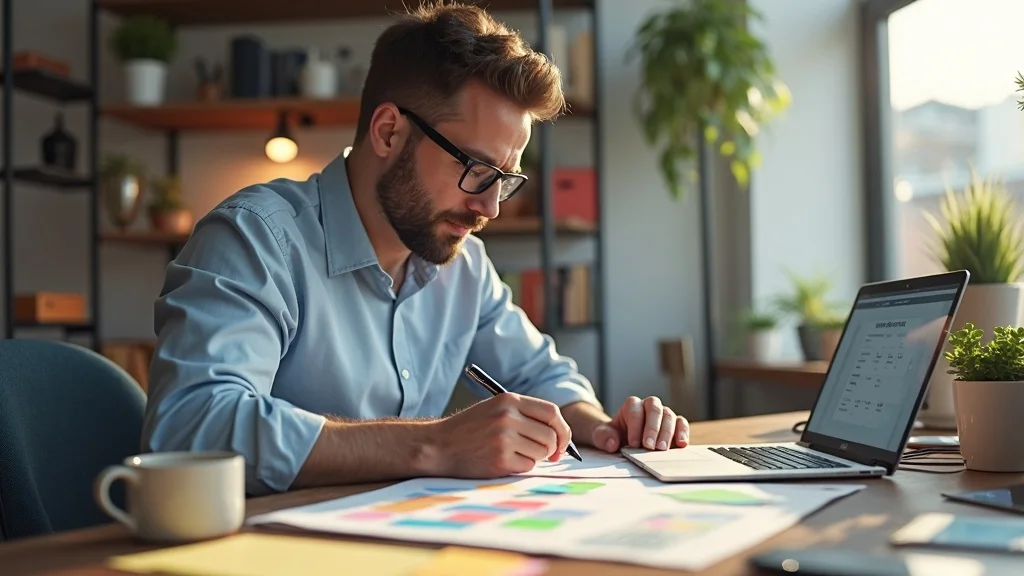 social media content calendar manager organizing sticky notes and digital tools - modern marketing workspace