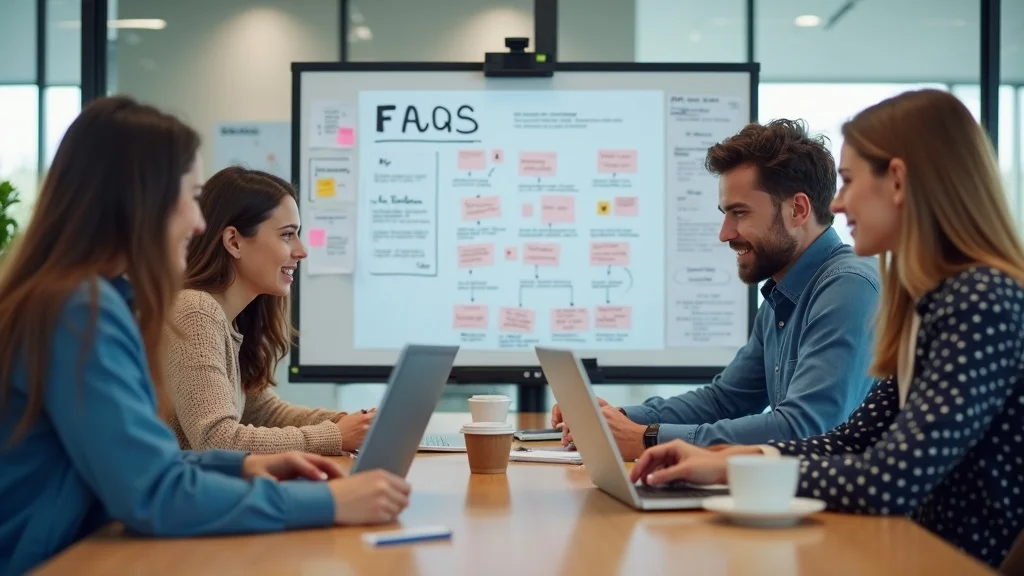 Marketing team collaborating to update FAQ page for optimized social proof marketing