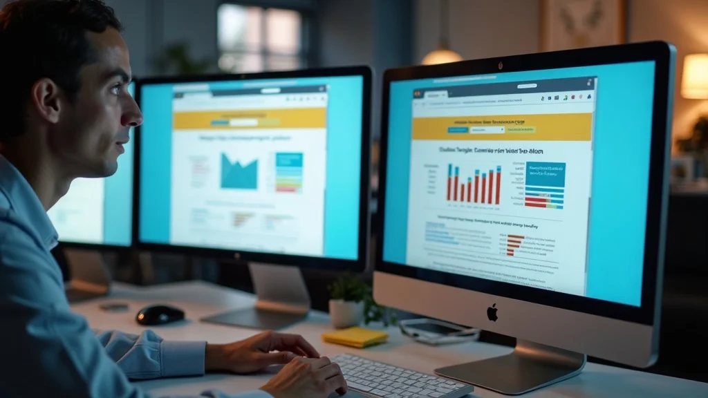 Split-screen A/B testing of nonprofit website layouts with contrasting donation buttons, photorealistic agency workspace, clear graphs and monitors
