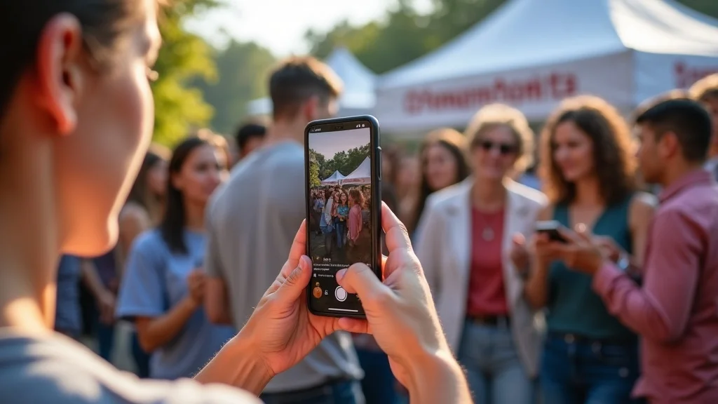 Participants at a lively nonprofit event sharing moments on social media, photorealistic outdoor fundraising event with nonprofit tent and banners