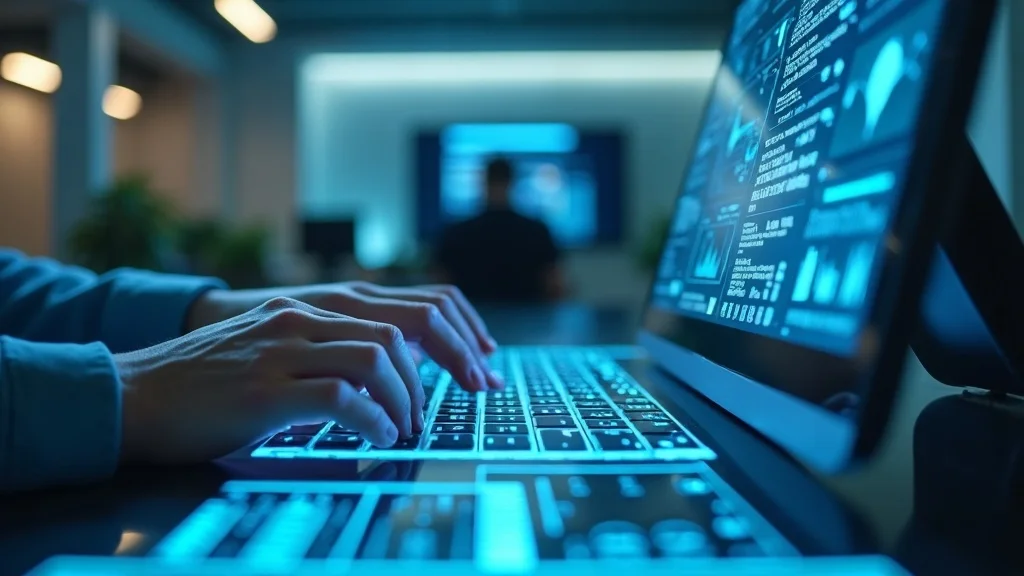 futuristic ai content creation setup with human hands typing, representing support for ai marketing with authentic content