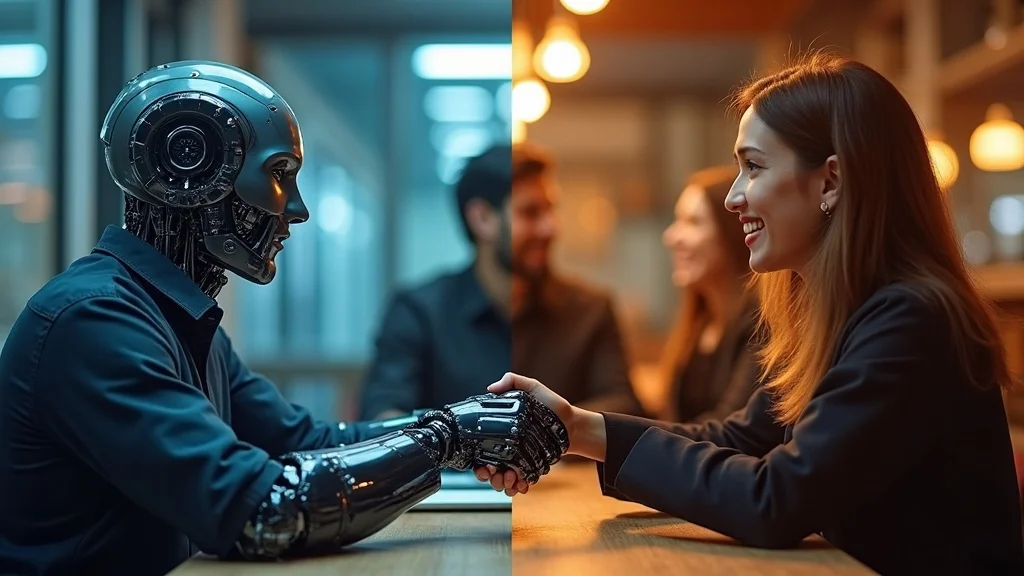 contrasting styles of digital ai-generated robotic marketing imagery versus warm authentic human team reflecting reality of ai marketing with authentic content