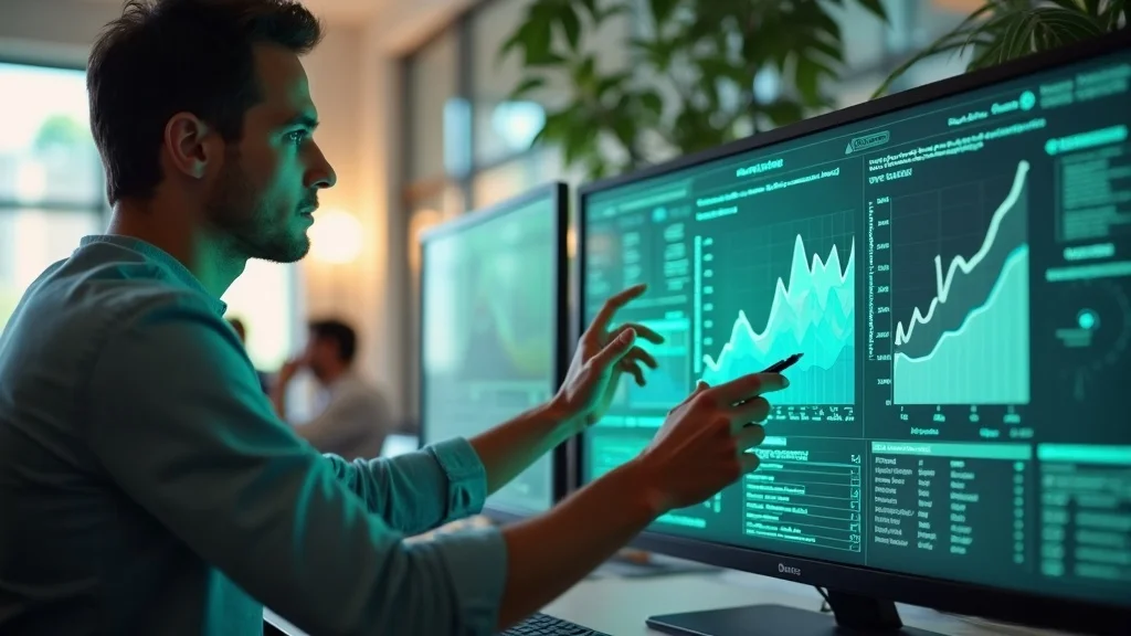 thoughtful marketing professional collaborating with AI dashboard representing ai marketing with authentic content