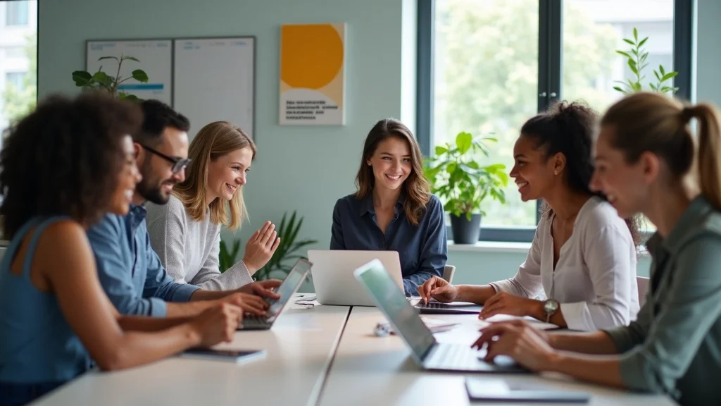 Modern nonprofit team collaborating at a conference table reviewing nonprofit website mockups, photorealistic, bright office, lively group discussion