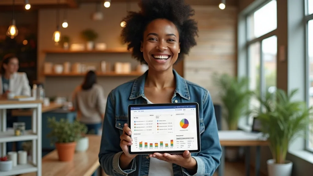 Small business owner analyzing paid traffic ads dashboard, delighted by increased engagement and conversion from banner ads and retargeting in local marketing.