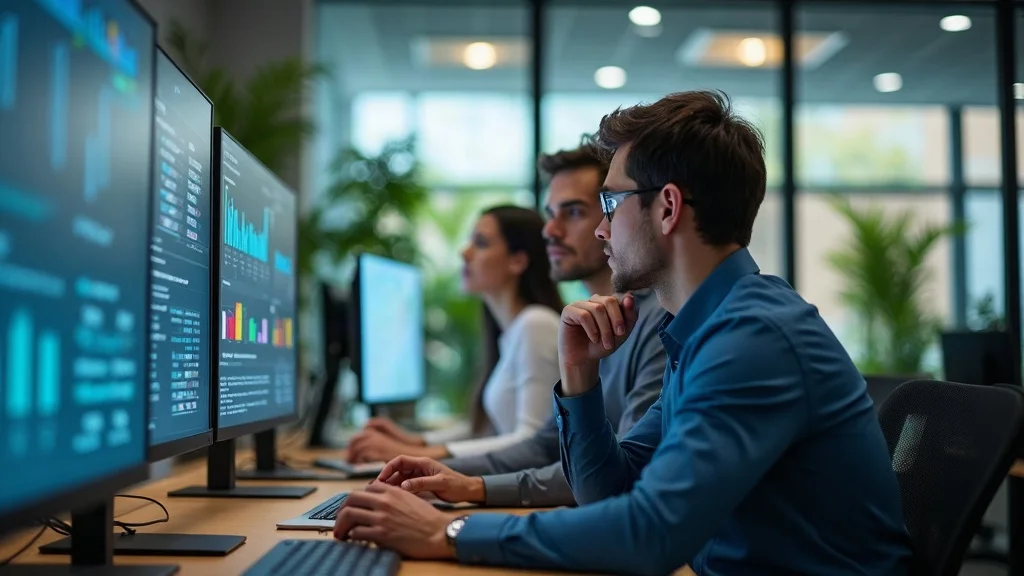 Digital marketing agency workspace with professionals analyzing paid traffic ads performance dashboards, optimized for paid traffic ads in local markets.
