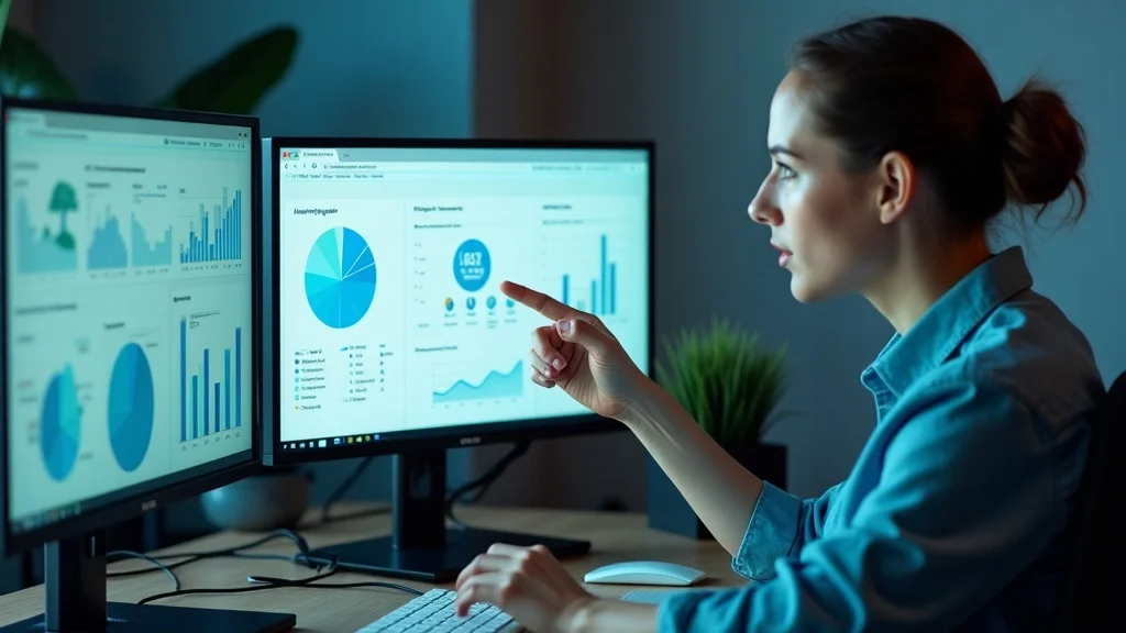 Professional analyzing nonprofit website analytics dashboard, photorealistic tech workspace with twin monitors, blue-green data visualizations