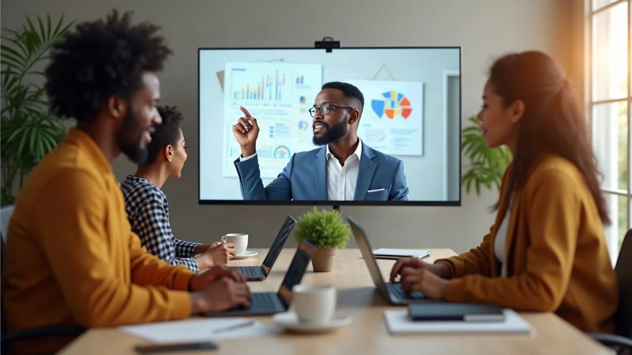 business growth marketing for small business team collaborating via video call, digital marketing dashboards and charts