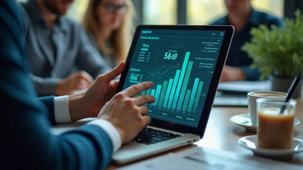 business growth marketing success, hands with tablet showing rising graphs and KPIs, analytics dashboard
